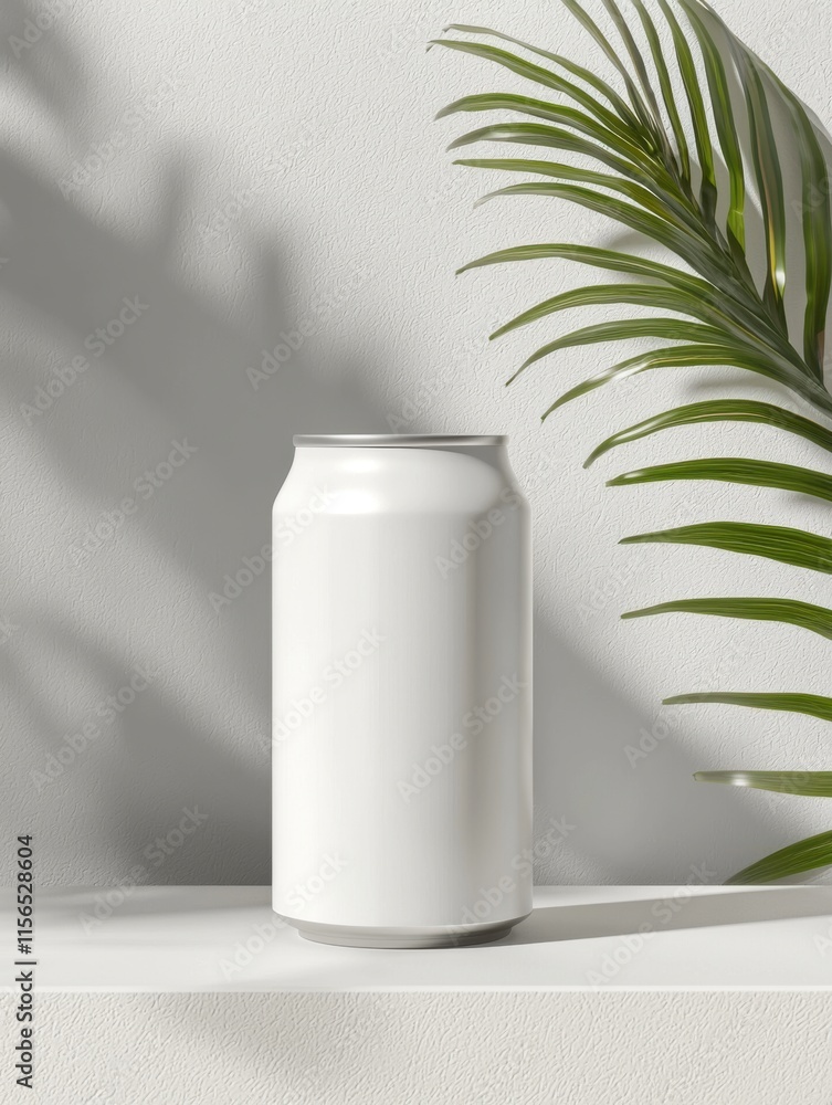 Clean Minimalist Mockup of a Beverage Can with Shadow and Green Leaf Background Clean Minimalist Mockup of a Beverage Can with Shadow and Green Leaf Background