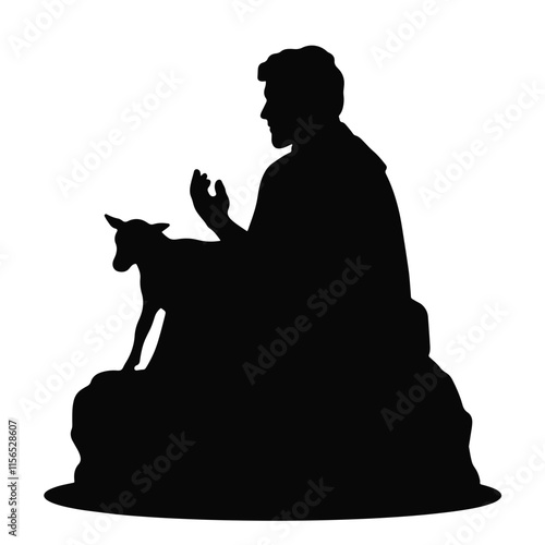 Depiction of a biblical figure in prayer beside a faithful dog on a rock during ancient times