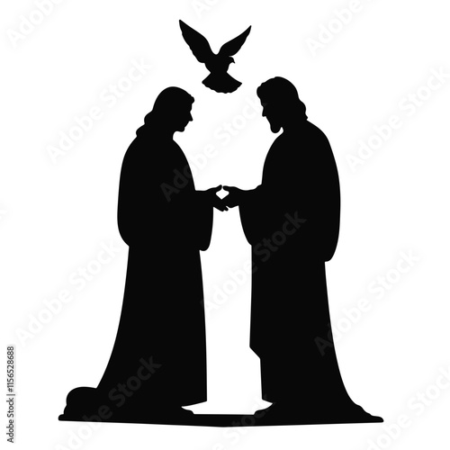 Biblical moment of baptism with figures and dove symbolizing the Holy Spirit