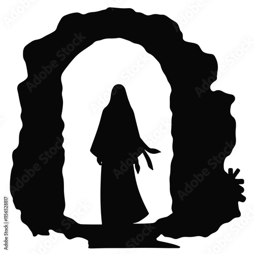 Woman in biblical attire emerging from a rocky archway at dawn, symbolizing hope and renewal in a sacred narrative