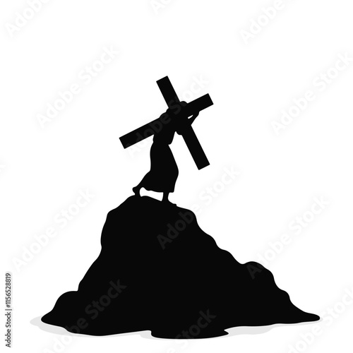 Struggling figure carries a heavy cross atop a hill representing significance in biblical sacrifice