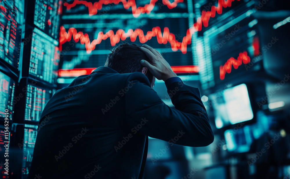 Trader head in hands get stress during market crash.