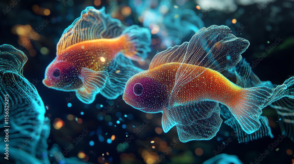 Obraz premium Hologram fish. Holographic projection fish. Flickering energy flux of particles. Scientific design animals.