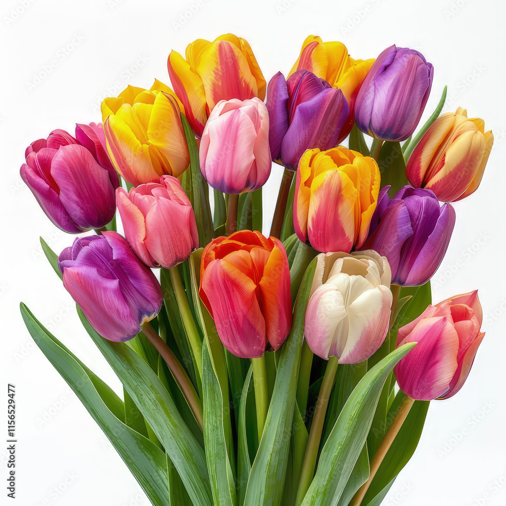 A vibrant bouquet of multicolored tulips arranged beautifully. isolated on white background A vibrant bouquet of multicolored tulips arranged beautifully. isolated on white background