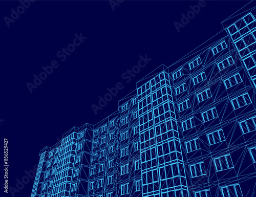 Blue drawing of a building with many windows. The building is tall and has a modern look