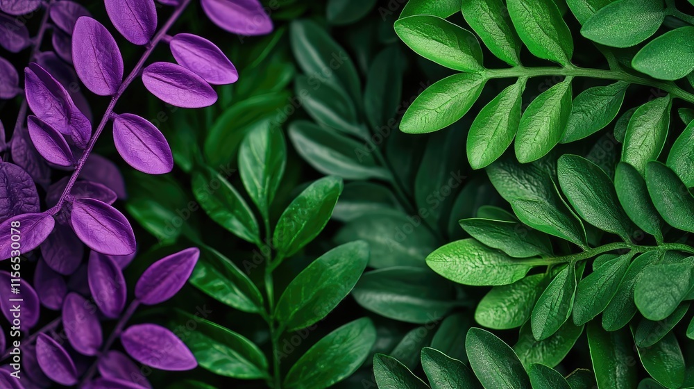 Fototapeta premium Foliage abstract background idea. Vibrant green and purple leaves create a lush, tropical atmosphere.