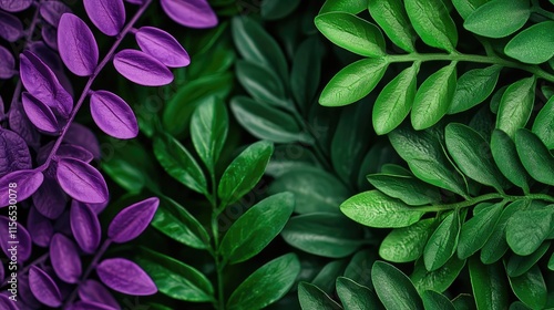 Wallpaper Mural Foliage abstract background idea. Vibrant green and purple leaves create a lush, tropical atmosphere. Torontodigital.ca