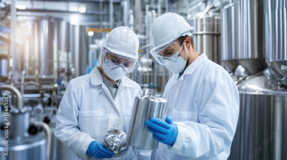 Safety inspectors conducting checks in the factory, clean modern equipment Safety inspectors conducting checks in the factory, clean modern equipment