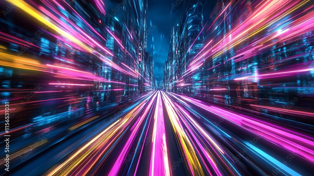 Fast motion vehicle lights trail in modern city cyberpunk pink and blue illustration with skyscrapers and cityscape view wallpaper Fast motion vehicle lights trail in modern city cyberpunk pink and blue illustration with skyscrapers and cityscape view wallpaper
