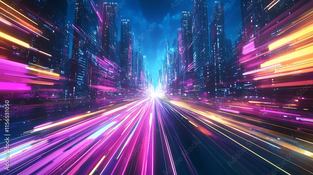 Fast motion vehicle lights trail in modern city cyberpunk pink and blue illustration with skyscrapers and cityscape view wallpaper Fast motion vehicle lights trail in modern city cyberpunk pink and blue illustration with skyscrapers and cityscape view wallpaper
