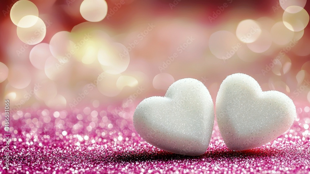 Fototapeta premium Romantic sparkling hearts on a soft pink glittery background with colorful bokeh lights creating a dreamy atmosphere for love and affection themes