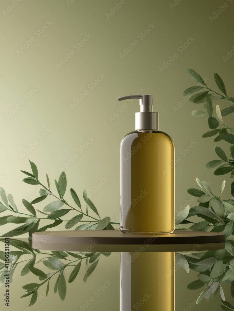 Elegant Modern Lotion Bottle on Reflective Surface with Green Background Elegant Modern Lotion Bottle on Reflective Surface with Green Background