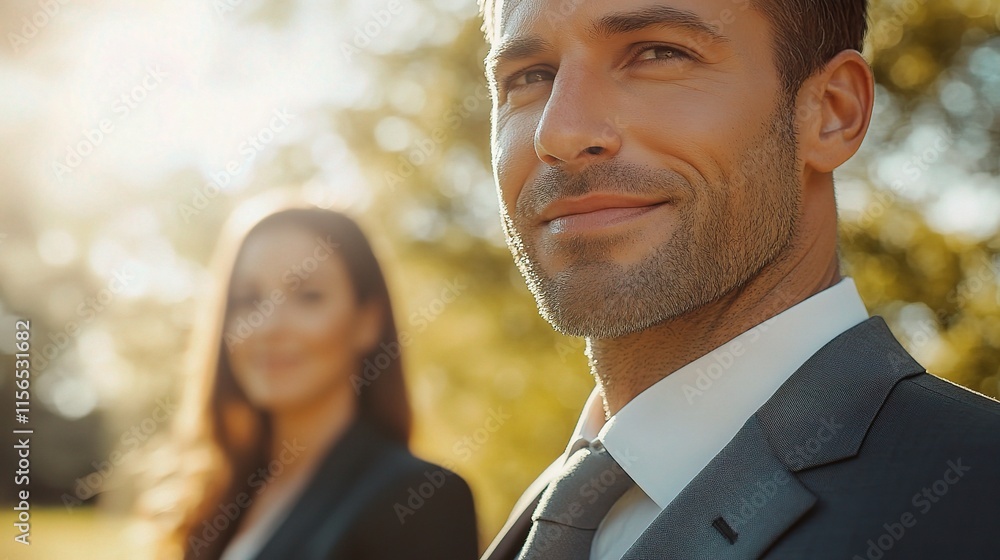 Confident Businessman Outdoors with Professional Woman in Nature Confident Businessman Outdoors with Professional Woman in Nature