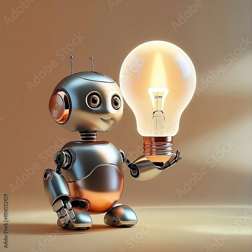 A charming mini robot holding a glowing lightbulb, combining innovation and creativity in a playful, whimsical design that highlights technology with a fun twist.