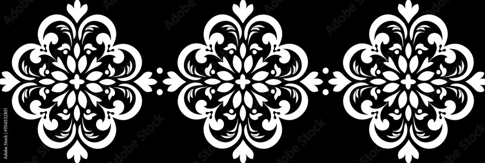 A decorative black and white floral pattern featuring intricate designs. A decorative black and white floral pattern featuring intricate designs.