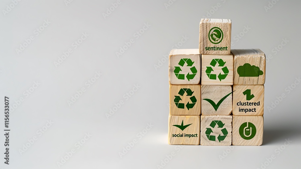 Obraz premium Wooden Blocks Green Icons Sustainability Social Impact