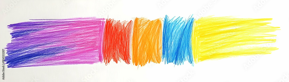 Fototapeta premium Vibrant Rainbow Colored Pencil Strokes on White Paper: A Colorful Abstract Art Displaying a Spectrum of Hues in a Horizontal Banner Format.