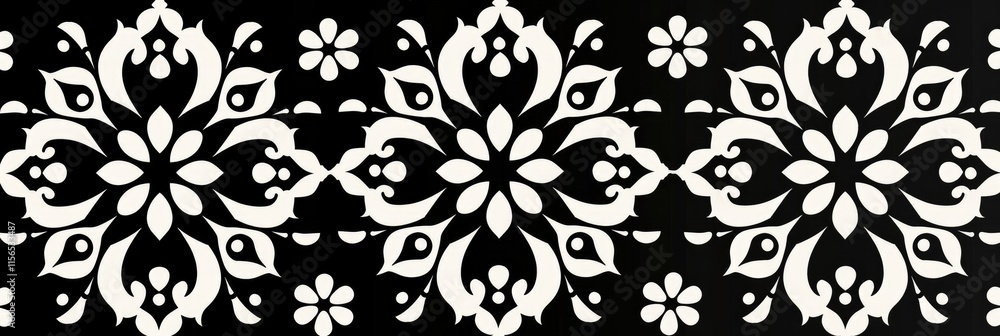 A black and white floral pattern featuring intricate designs and symmetrical motifs. A black and white floral pattern featuring intricate designs and symmetrical motifs.