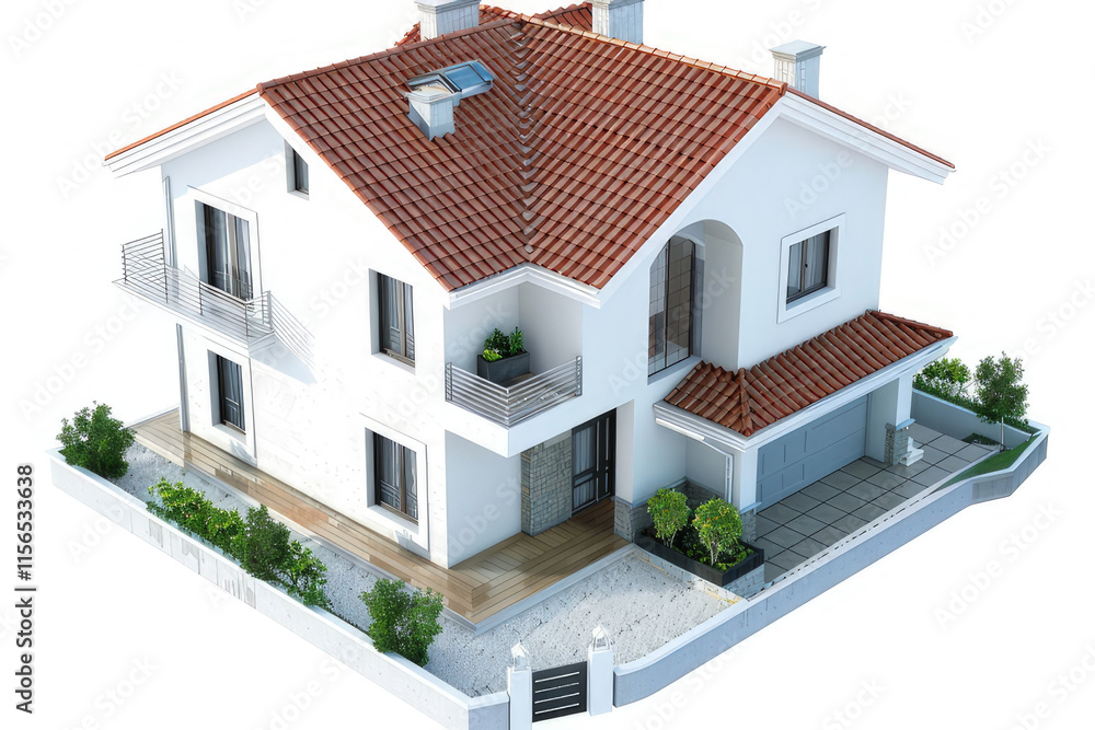 A modern two-story house with a red-tiled roof and landscaped surroundings. isolated on white background A modern two-story house with a red-tiled roof and landscaped surroundings. isolated on white background