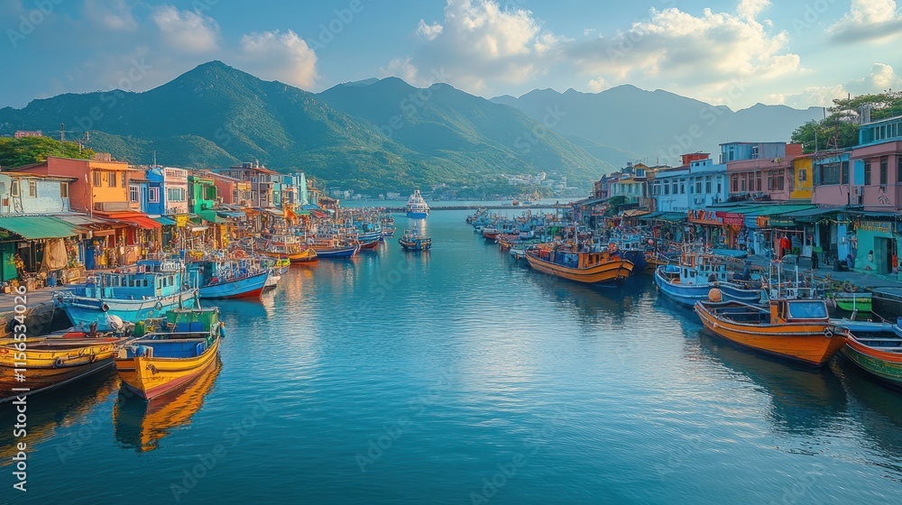Fototapeta premium Colorful fishing boats in a harbor, surrounded by vibrant buildings and mountains under a clear sky.
