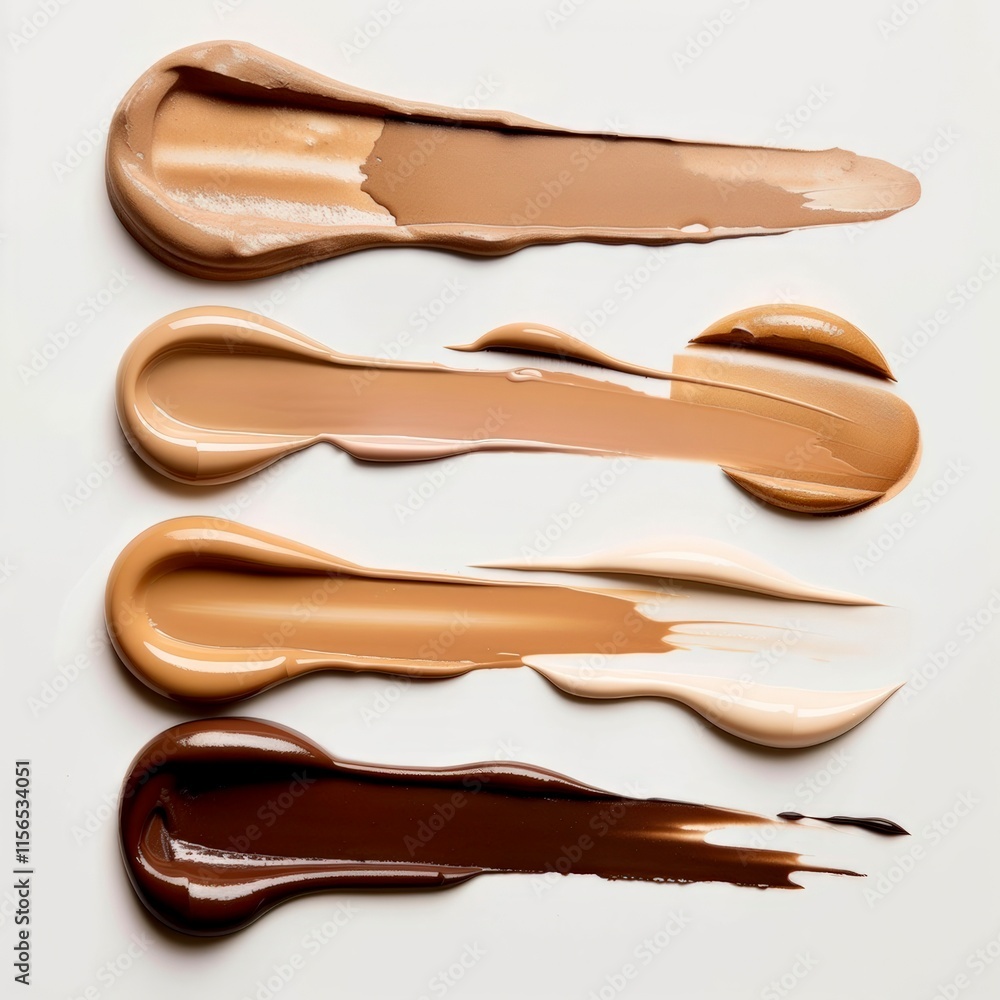 Different shades of foundation displayed on a white background to showcase diversity in skin tones and makeup options Different shades of foundation displayed on a white background to showcase diversity in skin tones and makeup options