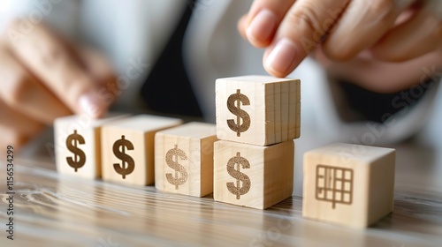 Financial Growth and Planning: A Conceptual Image of Building Wealth with Wooden Blocks