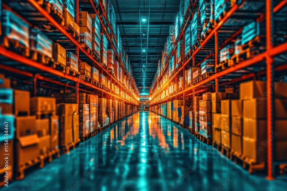 Warehouse Interior with Rows of Pallets and Boxes
