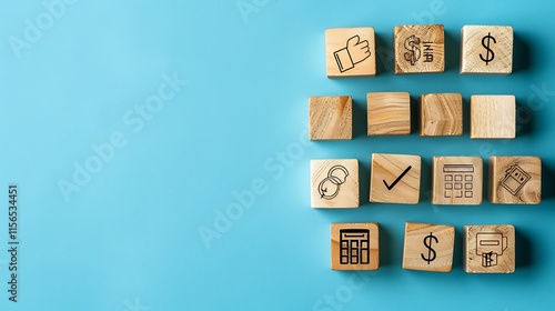 Financial Planning and Business Strategy: Wooden Blocks with Icons Representing Key Concepts
