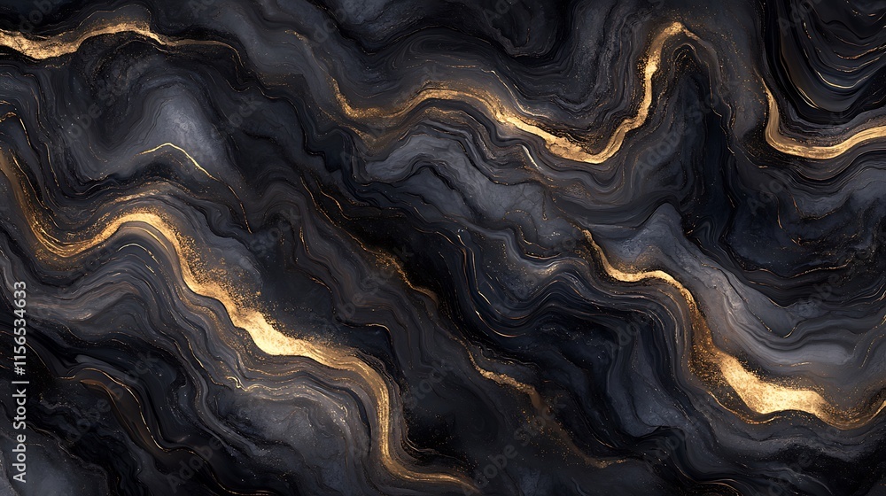 Obraz premium Abstract marble stone waves of swirl wallpaper background illustration in black and white with golden lines