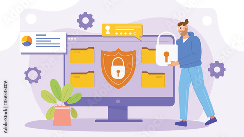 An educational concept promoting online safety with visuals of shields, locks, and secure connections.