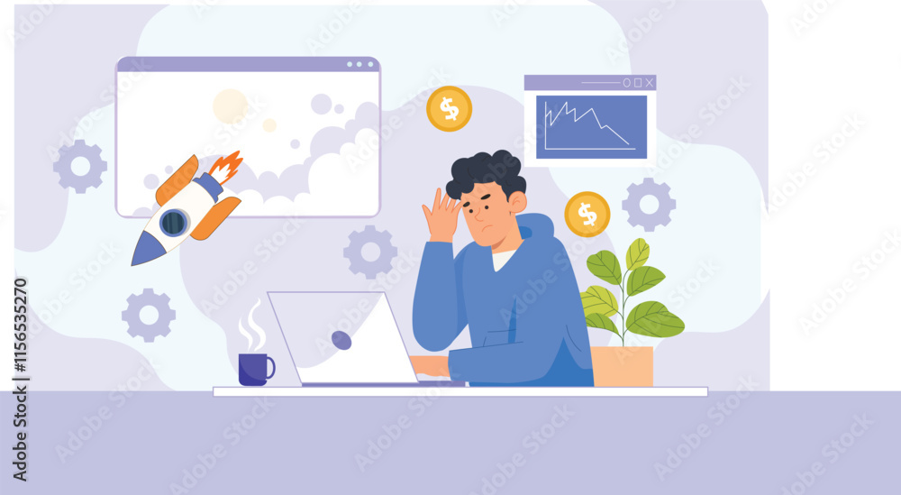 A dynamic design symbolizing startup growth, financial success, and innovation with rocket and money visuals. A dynamic design symbolizing startup growth, financial success, and innovation with rocket and money visuals.