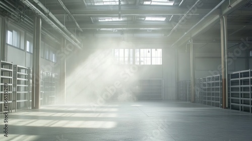 An empty warehouse with soft natural light entering through wide windows, showing dust motes in the air and clean metal shelving  photo