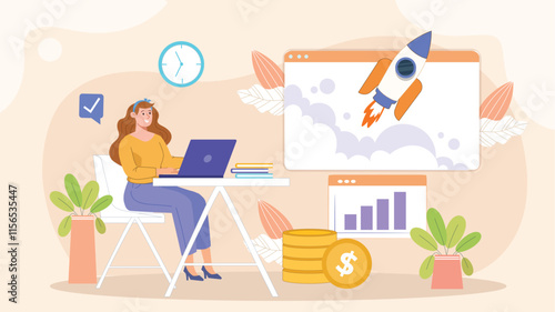 A relatable design showing an entrepreneur managing market challenges with dynamic visuals of graphs and rockets.
