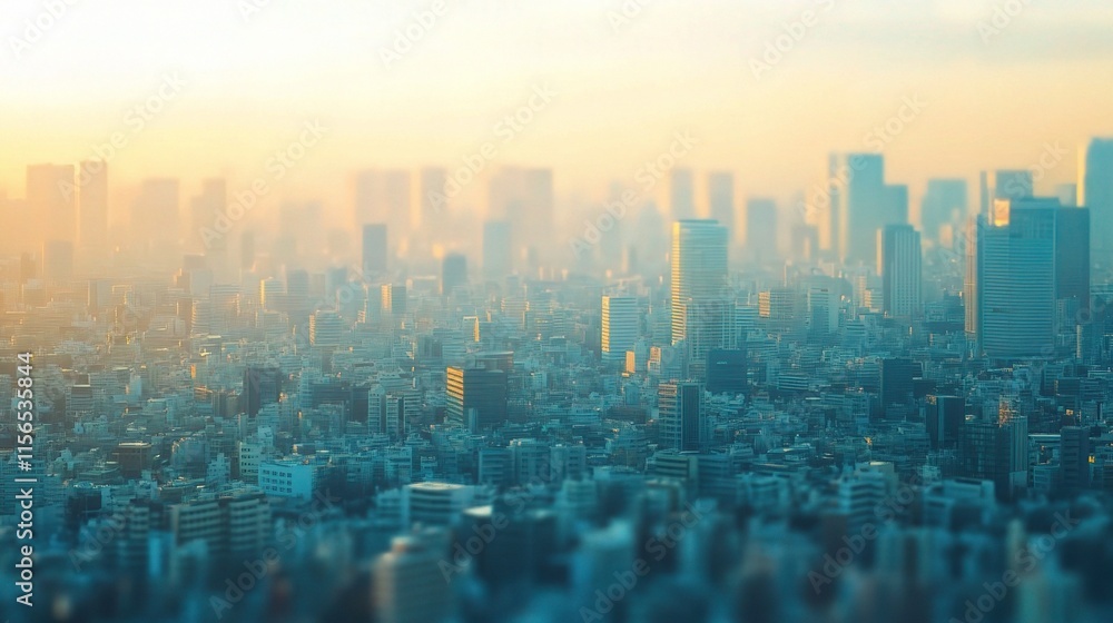 Fototapeta premium Blurred Cityscape with Tilt Shift Effect at Sunrise or Sunset