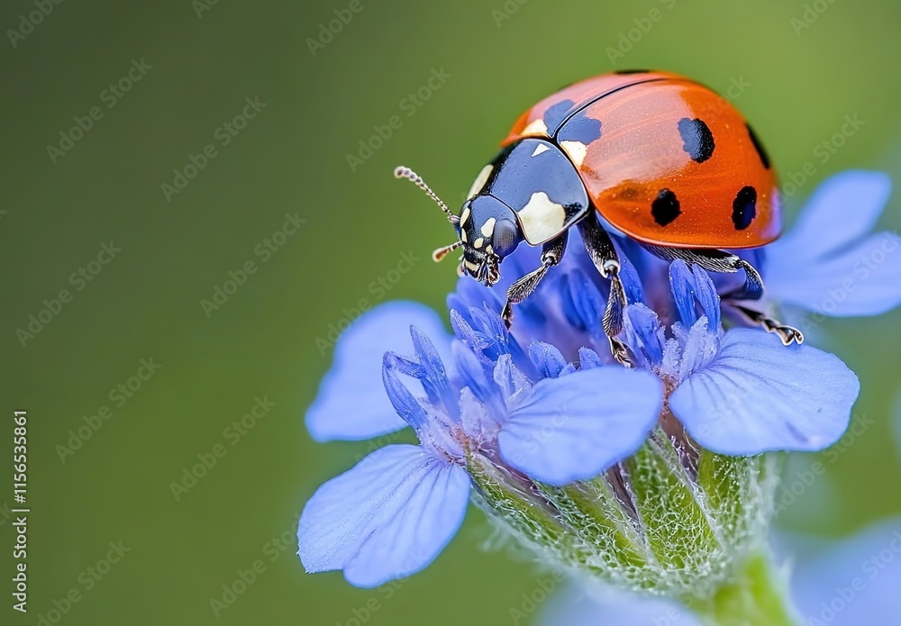 Fototapeta premium Macro photography of a ladybug on a blue flower, with clean, sharp focus and no depth blur effect. The beautiful green background complements the subject. Captured with a macro lens.