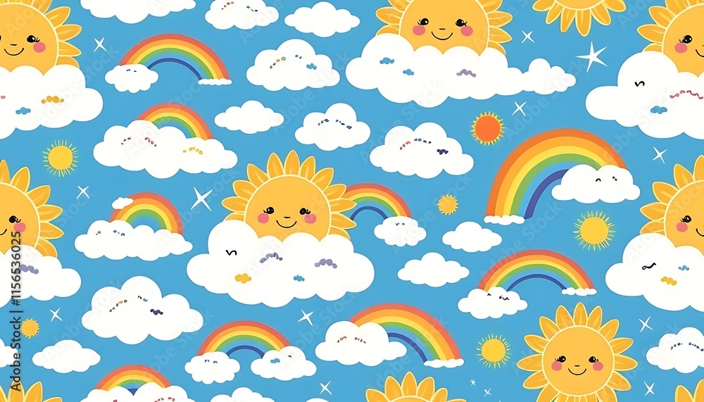 seamless pattern of fluffy clouds, colorful rainbows, and cheerful suns, perfect for baby products or children's apparel seamless pattern of fluffy clouds, colorful rainbows, and cheerful suns, perfect for baby products or children's apparel