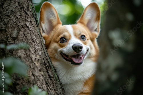 Corgi dog peeking from behind a tree with a happy expression