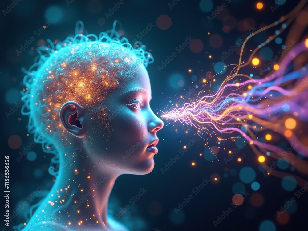 Exploration of thoughts through glowing energy waves in a surreal, ethereal portrait of a futuristic being Exploration of thoughts through glowing energy waves in a surreal, ethereal portrait of a futuristic being