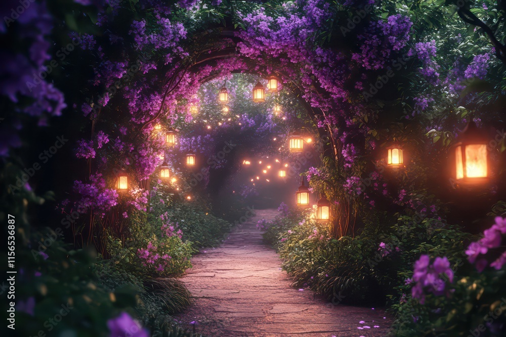 Obraz premium A serene pathway adorned with purple flowers and glowing lanterns, creating a magical ambiance.