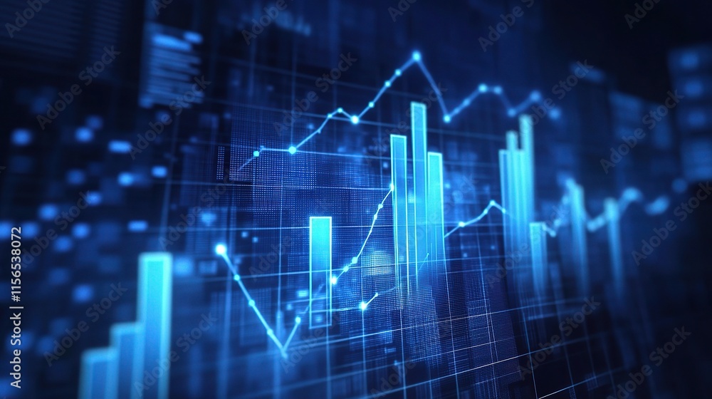 Blue Chip Growth: Abstract representation of data and statistics in a blue and black color scheme, with a focus on a rising blue line chart. The blue line chart represents the growth of investment. Blue Chip Growth: Abstract representation of data and statistics in a blue and black color scheme, with a focus on a rising blue line chart. The blue line chart represents the growth of investment.