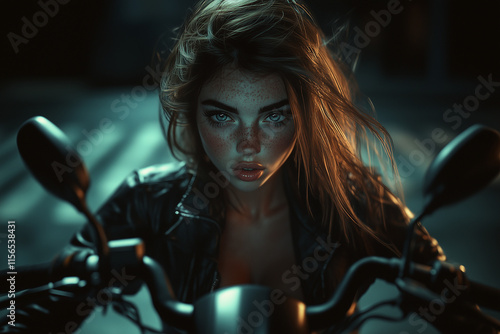 Beautiful woman driving a motorcycle portrait.