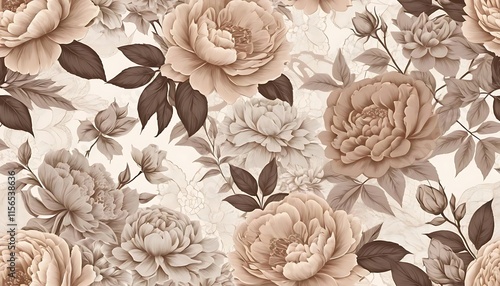 Wallpaper Mural Vintage floral seamless pattern with roses, peonies, and delicate lace accents in sepia and muted pastel tones Torontodigital.ca