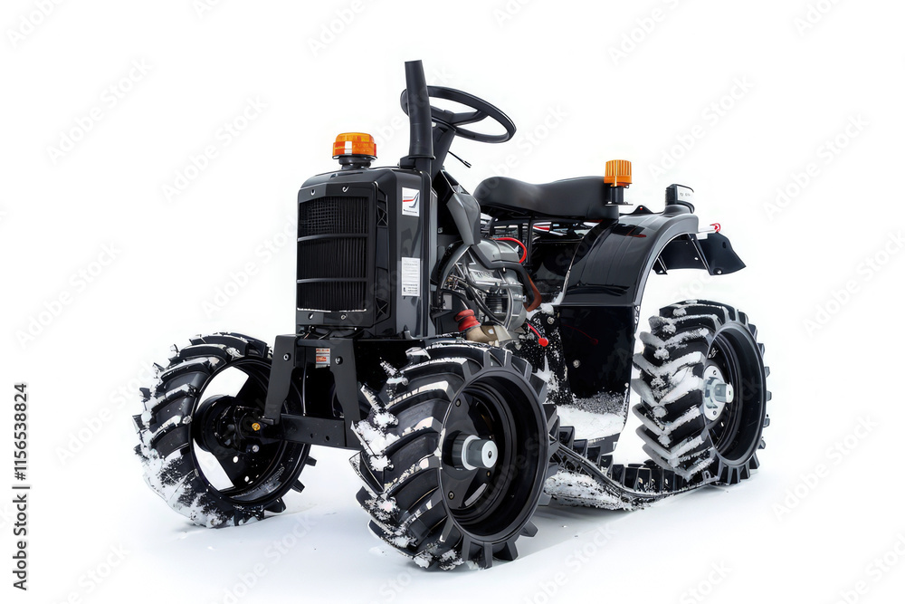 Obraz premium A compact tractor equipped for snow, featuring wide tracks for enhanced traction. isolated on white background