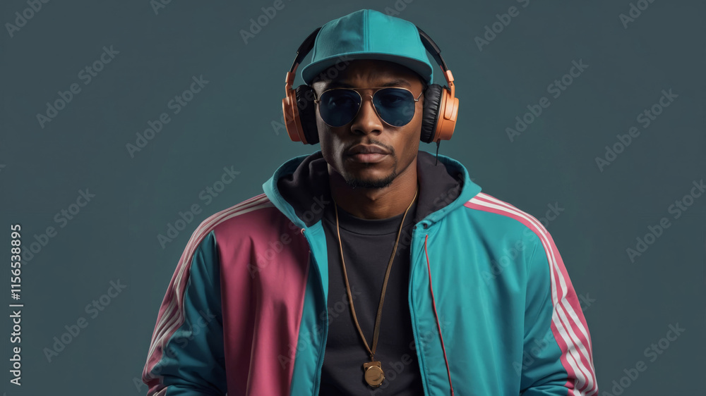 Fototapeta premium Stylish musician wears retro outfit and headphones in modern setting