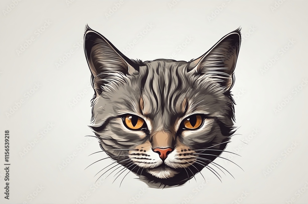 Gray cat head illustration with striking orange eyes and detailed fur texture Gray cat head illustration with striking orange eyes and detailed fur texture