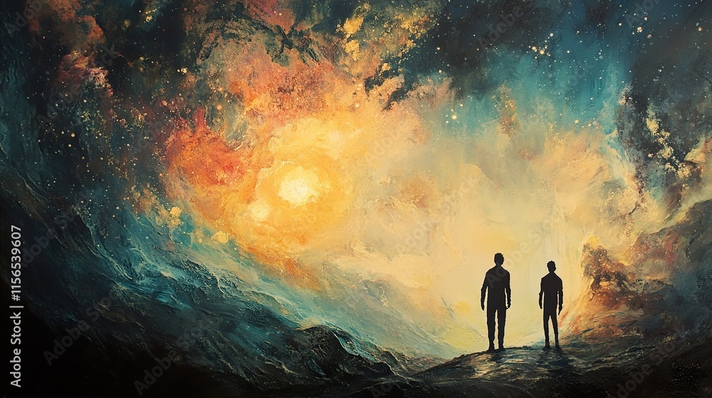 Fototapeta premium Cosmic Journey: Two Silhouettes Contemplate a Vibrant Nebula