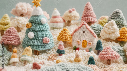 A knitted scene of a Christmas village with a house and a tree