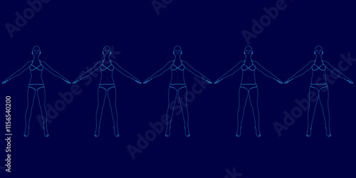 Group of people are standing in a line, with their arms outstretched. The image has a futuristic and technological feel to it. The girl is getting fat