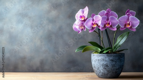 Wallpaper Mural Purple Orchids Blooming in Grey Pot on Wooden Table Torontodigital.ca