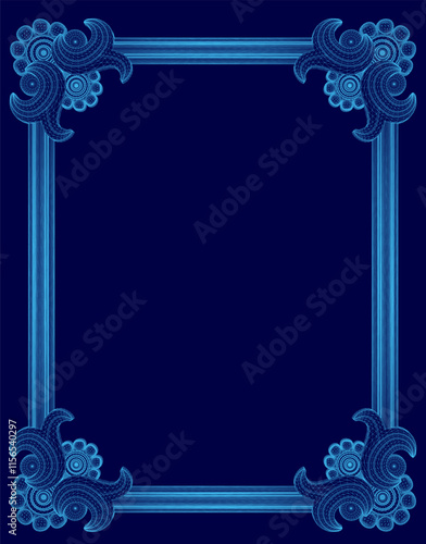 Blue frame with a floral design is displayed. The frame is made of blue and white materials and has a unique, artistic look. The blue and white colors complement each other, creating a harmonious